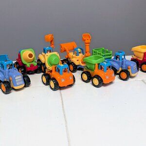 Lot of 9 Friction Powered Car Toys Tractor Dump Truck Mixer Backhoe Vehicles